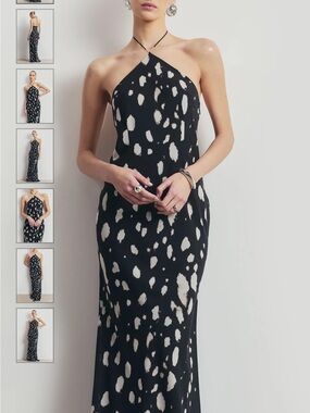 Halter-Neck Black Maxi Dress with White Spot Print